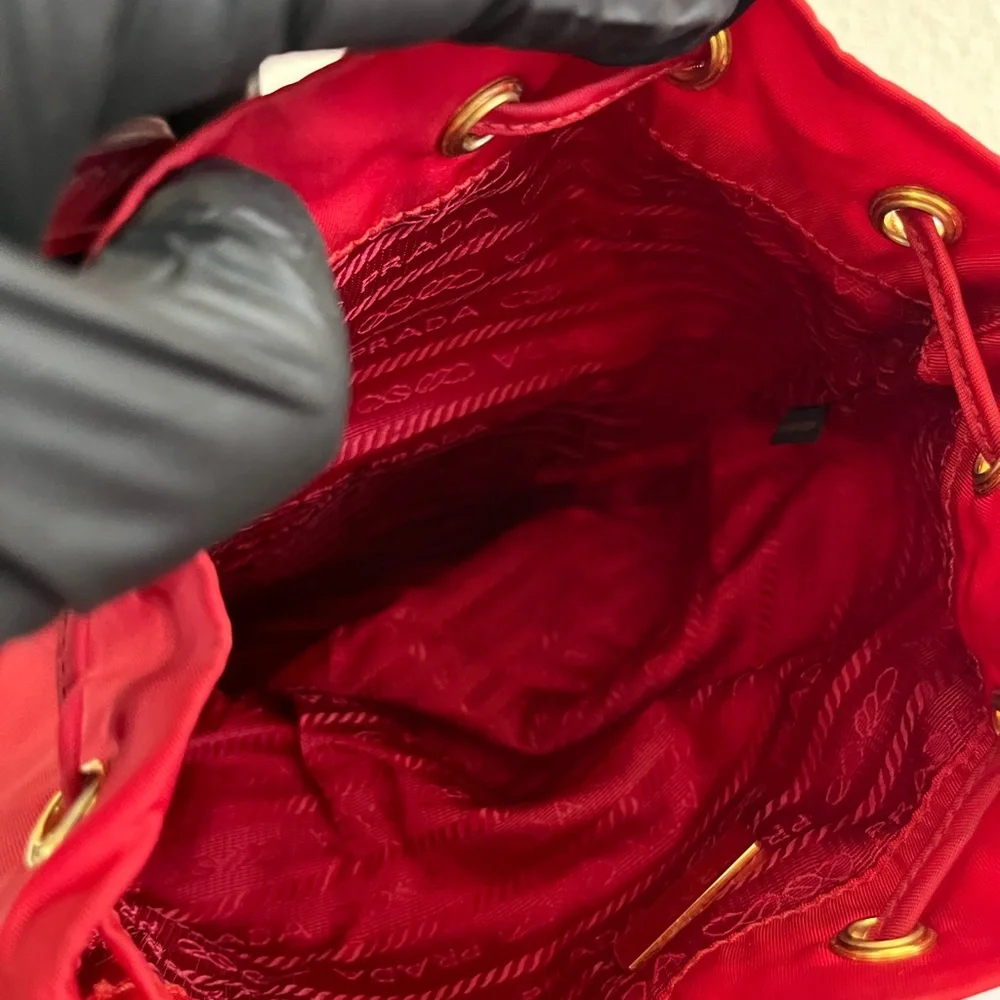Prada Red Nylon Drawstring Crossbody Bucket Bag with Gold Hardware - Picture 10 of 16